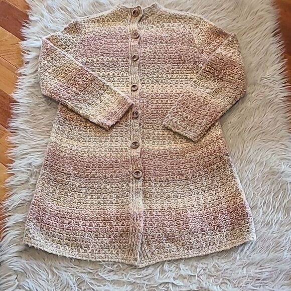 J jill womens tan, pink and brown wool blend long button‎ down sweater - Picture 1 of 5